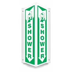 V-Shape projection shower sign made of PETG with a nominal size of 18 in x 7 1/2 in and a thickness of 0.06 in. Features mounting holes for secure wall attachment. Not retroreflective, does not glow in the dark, and has no anti-slip surface. Used to identify shower areas in industrial facilities.