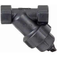 Polypropylene Y strainer with 304 stainless steel 50 mesh screen and EPDM seal. NPT connections, 9 5/8 in height. Used to filter debris from liquids in irrigation, chemical transfer, and industrial fluid systems, protecting downstream pumps and valves
