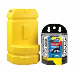 Yellow plastic blade disposal container designed for pallet rack mounting. Holds approximately 750 utility blades. Suitable for safe storage of used blades in industrial settings.