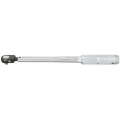 Ratcheting micrometer torque wrench with a 3/8 in square drive. Torque range 150 in-lb to 750 in-lb. Tether capable for tool retention in elevated or confined workspaces. Used for precise fastener tightening in assembly, maintenance, and repair tasks.