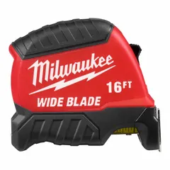 This 16 ft tape measure features a plastic case in black and red. It is designed for linear measurements in construction, carpentry, and general industrial applications.