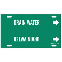 Green pipe marker with white legend reading 'Drain Water' and directional arrows. Fits pipe outer diameters of 10 to 15 inches. Supplied as a single strap-on marker for identifying drain water lines in piping systems.