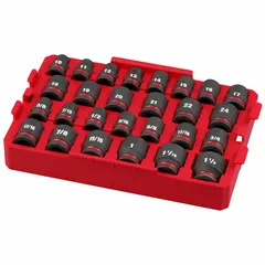 This 27-piece socket set includes 6-point standard sockets in SAE (3/8 in to 1-1/8 in) and metric (10 mm to 24 mm) sizes. It features a friction ring retention system and is designed for use with impact drivers and ratchets in fastening and loosening applications.
