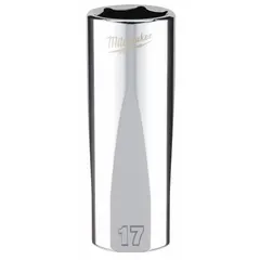 This 3/8 in drive, 17 mm socket features a 6-point deep design for full contact on hex fasteners. The chrome finish resists corrosion. Its anti-roll profile prevents the socket from rolling on sloped surfaces, suitable for automotive and industrial maintenance tasks.
