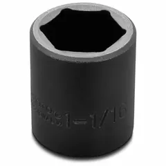 SAE 1-1/16" 6-point impact socket with 1/2" drive and black oxide finish. Designed for use with impact wrenches to tighten or loosen hex fasteners in automotive, heavy equipment, and industrial maintenance applications.