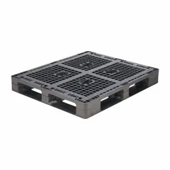 Black plastic pallet with overall dimensions of 48 in length and 40 in width. Designed for use with wire or mesh decking racking systems. Supports a static load capacity of 30,000 lb and is compatible with hand truck loading.