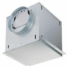 Round duct inline cabinet fan with 8-inch duct diameter, 115V AC single-phase power, variable speeds, and horizontal discharge. Delivers 191 cfm at 0.100 in SP, consuming 43 W. Suitable for commercial ventilation applications requiring adjustable airflow.