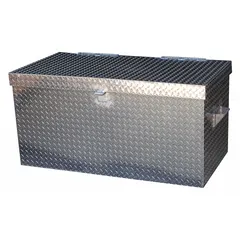This chest-style jobsite box provides 25 cu ft of storage capacity with dimensions of 61 1/4 in width, 25 7/8 in depth, and 40 1/16 in height. It features a padlock hasp for securing contents (lock not included) and is finished in silver. Suitable for securing tools and equipment on construction sites, warehouses, and industrial facilities.