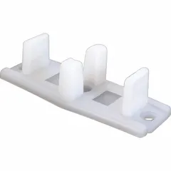 This hanging door guide measures 3 3/4 inches in width and 2 7/8 inches in length, supplied as a single piece. It is used in industrial door systems to maintain alignment and smooth operation of the door within its track.