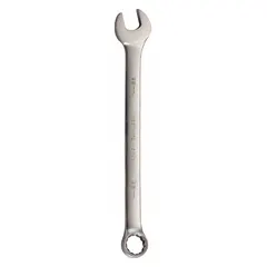 This metric 12-point combination wrench features a 28 mm head size and a 15 3/4 in overall length with an offset design. The satin finish provides a non-reflective surface. Suitable for tightening or loosening metric fasteners in automotive repair, machinery maintenance, and industrial assembly.