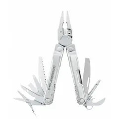 Full-size fold-open multi-tool with 16 tools and 16 functions, including spring-action scissors, premium replaceable hard-wire cutters, and a small screwdriver. Stainless steel construction with silver finish. Closed length 4 inches. Suitable for cutting, gripping, screwing, and prying in maintenance, field service, and construction tasks.