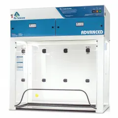 High-performance ductless fume hood for laboratory containment of hazardous fumes, vapors, and particulates without external ducting. White finish, partially assembled, includes blower and work surface. Requires separate base/stand. Overall width 4 1/8 ft, height 4 3/8 ft.