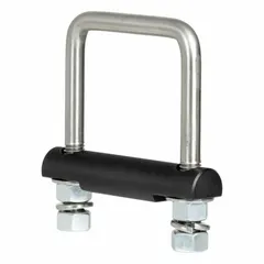 This hitch clamp reduces play between a trailer hitch receiver and the inserted drawbar, minimizing noise and vibration during towing. It features a 1 in overall length, 4 3/4 in overall width, 5 in height, and 1 in thickness, with (2) nuts for secure mounting. Suitable for use in fleet and vehicle maintenance to improve towing stability.