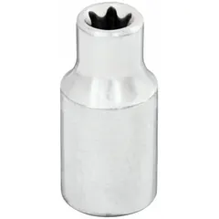 This hand socket is designed for use with external Torx fasteners, featuring a 1/4 in drive size and E6 socket size. The chrome finish offers corrosion resistance. Commonly used in automotive repair, machinery maintenance, and assembly tasks requiring a standard E6 Torx profile.