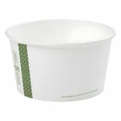 Round paper container with 12 oz capacity, 4 1/2 in diameter, and 2 3/8 in height. Microwave safe for reheating. Suitable for serving hot liquids such as soup, chili, or stew in foodservice operations, takeout, and catering.