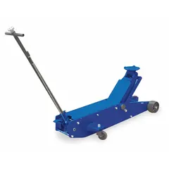This trolley floor jack features a steel body and a manual handle lifting actuator. It has a 10 ton load capacity and complies with ASME PASE standards. Typical applications include lifting heavy loads in industrial maintenance, automotive repair, and material handling environments.