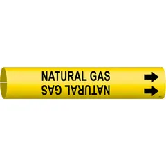 Yellow pipe marker with black legend reading 'Natural Gas' and directional arrows. Fits pipe outer diameters of 4 to 6 inches. Supplied as a single marker for snap-on installation on natural gas piping systems.