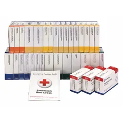 Bulk refill for Type I industrial first aid kits, serving 100 people. Meets ANSI/ISEA Z308.1-2015 standards. Includes 4 trauma pads, 16 adhesive bandages, and 10 hand sanitizers. Latex-free, no oral or inhalant medication. Suitable for workplace environments such as factories and warehouses.