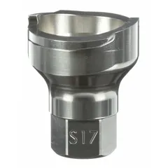 This stainless steel adapter connects PPS series spray gun cups to spray guns. It features a 1/4 in thread size and is designed for use in painting and coating applications.