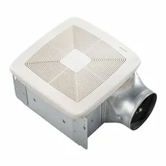 This single-speed exhaust fan is designed for ceiling mounting in residential bathrooms to remove moisture, odors, and airborne contaminants. It delivers up to 80 cfm at a quiet 0.3 sones and includes a hanger bar system for installation. The unit features a round duct connection and operates at 120V AC without a heater or sensor.