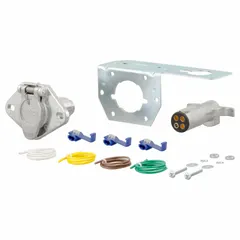 This 4-way flat connector links a tow vehicle's electrical system to a trailer's lighting functions, including turn signals, brake lights, and taillights. It features a plastic housing with snap locks for secure connection. Suitable for utility, boat, and small RV trailers.