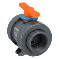 This 4-inch PVC straight true union ball valve features NPT threaded ends on both sides and includes a locking tee handle. It is used for on/off control in piping systems handling water, chemicals, or corrosive fluids at moderate pressures and temperatures