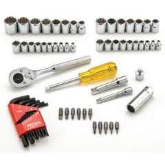 This 65-piece socket set includes 3/8 in drive tools with both 12-point and 6-point sockets in SAE and Metric sizes. Suitable for tightening and loosening fasteners in automotive repair, industrial maintenance, and mechanical assembly. Socket bits and wrenches are not included.