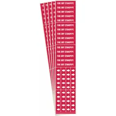 Red adhesive pipe marker with white legend text reading 'Fire Dry Standpipe' and directional arrows. Fits 3/4 in and smaller pipe outer diameter. Pack of 3 markers (5 total per order). Used to identify fire dry standpipe systems in commercial and industrial piping.
