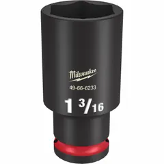 This 1/2" drive impact socket features a 1-3/16" SAE 6-point deep design with a friction ring for secure bit retention. The black phosphate finish provides corrosion resistance. Suitable for fastening and loosening nuts and bolts with impact tools in automotive, construction, and industrial maintenance applications.