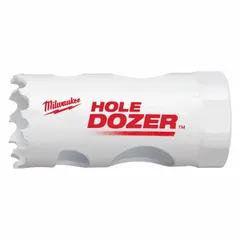 This 1-inch diameter bi-metal hole saw cuts through wood, metal, and plastic. With 3.5 teeth per inch and a maximum cutting depth of 1-5/8 inches, it is suited for creating clean holes in electrical, plumbing, and HVAC work. Sold without arbor.