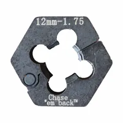 Steel thread repair die for cleaning or restoring damaged threads on wheel studs. Includes one die with overall length of 1 inch and width of 1-1/8 inches. Used in automotive maintenance to recondition stud threads without replacement.
