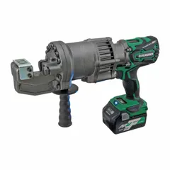 This cordless rebar cutter is designed for cutting rebar up to #6 size with a maximum cutting depth of 5/8 in. It is powered by a 36V DC battery system, providing portability for on-site cutting tasks in construction and concrete reinforcement applications. The tool includes a carrying case for storage and transport.