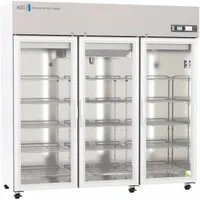 Upright lab refrigerator with 72 cu ft capacity, maintaining 1°C to 10°C. White swing glass door opens left or right. Includes temperature alarm. Uses R-290 refrigerant. Overall depth 36 1/4 in. Suitable for storing temperature-sensitive materials in laboratory environments