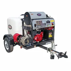 This heavy-duty hot water pressure washer is mounted on a cart and powered by a diesel-fired heater with direct drive. It is suitable for industrial cleaning tasks such as removing grease, oil, and grime from equipment, vehicles, and surfaces in construction, agriculture, and manufacturing environments.