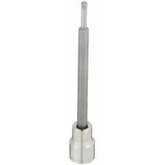 This ball-end hex bit socket features a 4 mm hex tip with a fixed insert design. The ball-end allows engagement with fasteners at an angle, facilitating access in confined spaces. Overall length is 4-13/16 inches.