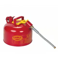 EAGLE Type II Safety Can for flammable liquids storage and dispensing. Capacity 2 1/2 gal. Includes 5/8 in OD hose for controlled pouring. Red finish. Suitable for industrial environments requiring safe handling of flammable liquids.