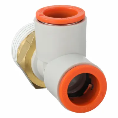 SMC Push-Fit Tee Fitting: 1/2 in Pipe x 1/2 in OD x 1/2 in OD Size, 53 13/16 mm Overall Lg - Polybutylene & Brass Tube Fittings