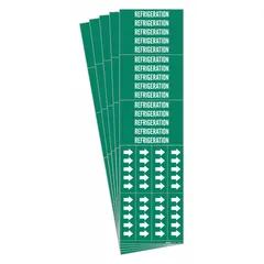 Green adhesive pipe marker with white 'Refrigeration' legend and flow-direction arrows. Designed for pipes with an outside diameter of 3/4 inch and smaller. Each pack contains 5 markers, with 3 markers per pack. Used to identify refrigerant lines in HVAC and process cooling systems.