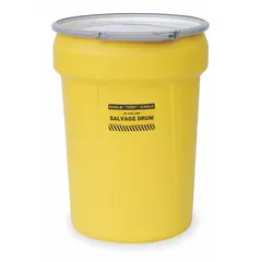 This 30-gallon nestable salvage drum is constructed of high-density polyethylene (HDPE) with an open head and a metal lever lock closing ring. It is unlined with no interior coating and carries UN ratings of 1H2/X120/S for both solids and liquids. Designed for containing hazardous materials, it is commonly used for overpacking leaking or damaged drums in storage and transport applications.