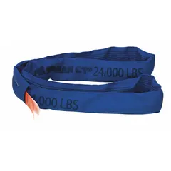 Endless round sling constructed from polyester and nylon for abrasion resistance. Body diameter 2 in, sling length 6 ft. Used for lifting and rigging in industrial settings such as construction, manufacturing, and warehousing.