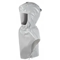 Universal-size gray hood with chest coverage for use with powered air-purifying respirator (PAPR) systems. Provides head and chest protection in industrial environments requiring respiratory protection against airborne particulates.