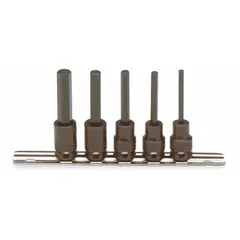 This 5-piece hex impact bit socket set features a 3/8 in drive size and fixed insert design with hex tips. It is used for driving hex fasteners in high-torque applications with impact wrenches and drivers.
