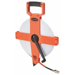 Manual open-reel tape measure with a 100 m metric fiberglass blade. Features single-sided 2 mm graduations and a nonmagnetic single hook tip. Housed in a plastic case. Used for measuring long distances in construction, surveying, and industrial layout.