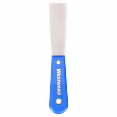 Standard spreading tool with a full-tapered carbon steel blade and a plastic handle. Designed for applying and smoothing materials such as putty, spackle, or joint compound on surfaces.