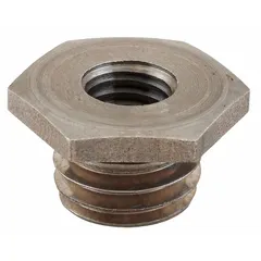 Flange and nut adapter for angle grinders, converting M10 x 1-1/4 in spindle threads to 5/8"-11. Enables use of accessories with different thread sizes in grinding applications.