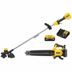 This cordless combo kit includes a string trimmer and a blower powered by a 20 V battery system. The blower delivers a maximum air speed of 125 mph. The kit is supplied with one 5.0 Ah battery. Suitable for lawn and garden maintenance tasks such as trimming grass and weeds, and clearing debris from driveways, patios, and walkways.