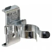 Steel spring clip toolholder with zinc-plated silver finish for square-hole pegboard. Features 5 hooks and a black holding clip. Secures tools or accessories via screw-in locking system for surface mounting. Suitable for organizing hand tools in workshops, garages, or retail displays