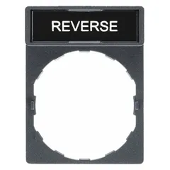 Rectangular non-metallic plastic legend plate for 22 mm panel mounting. Measures 1 5/8 in overall height by 1 3/16 in overall width. Features a black/red reverse legend with white English text and tab attachment. Used to label push buttons in control stations and industrial panels.