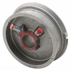 Steel cable drum for sectional overhead door counterbalance systems. Mounts on the door to manage cable winding. Supports maximum load of 265 lb and accommodates door heights up to 8 ft. Overall length of 4-1/2 in.