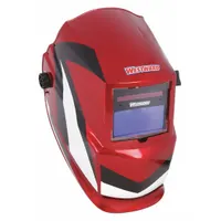 Auto-darkening welding helmet with nylon shell and black/red/white graphics. Features two arc sensors, analog ADF controls, W9-13 shade range, grind mode, and ratchet suspension adjustment. Viewing area is 3.82 in x 1.73 in. Used for protecting eyes and face during welding operations
